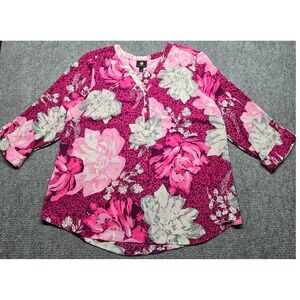 JM Collection Blouse Womens XL Pink Floral Leopard Print Top 3/4 Sleeve V Neck
